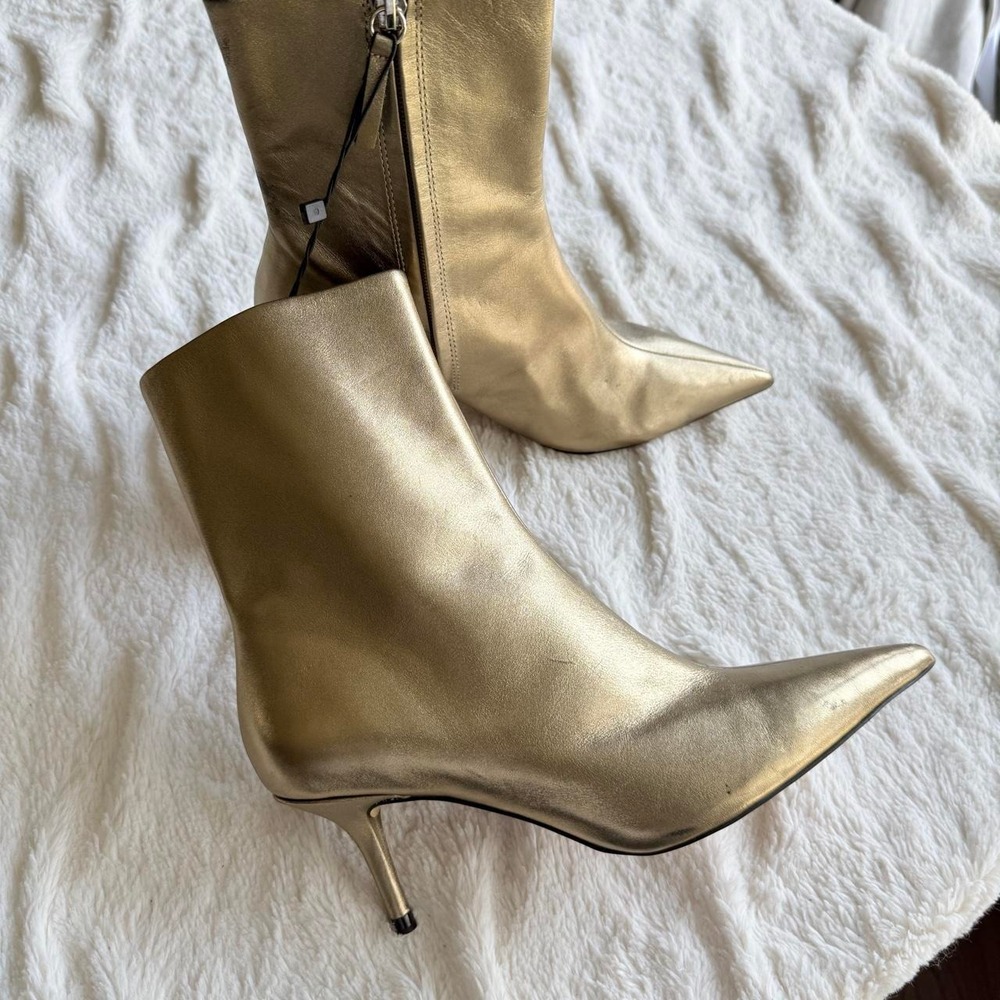 Zara Women's US 6.5 Gold Genuine Leather Pointed Toe Kitten Heel Ankle Boots